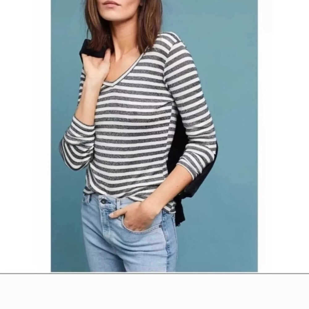 Michael Stars Metallic Black and White Fitted 3/4 Sleeve Tee Anthropologie